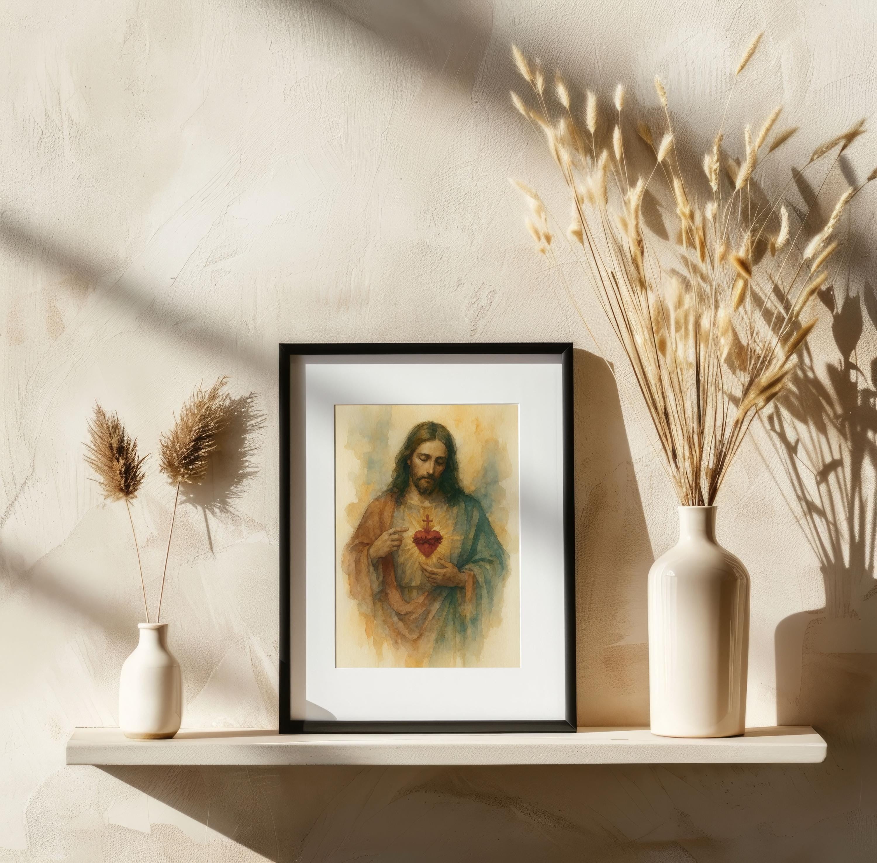 Sacred Heart of Jesus Christian Poster, Catholic Religious Wall Art, Modern Faith-Based Print, Devotional Watercolor Artwork, Christian Home Decor